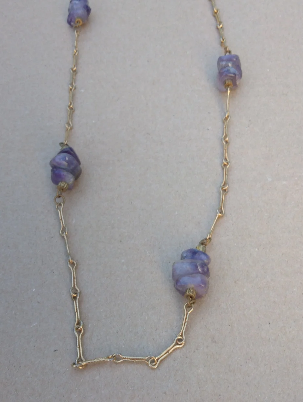 Vintage Gold Color Chain Necklace with Purple Amethyst Bead Accents
